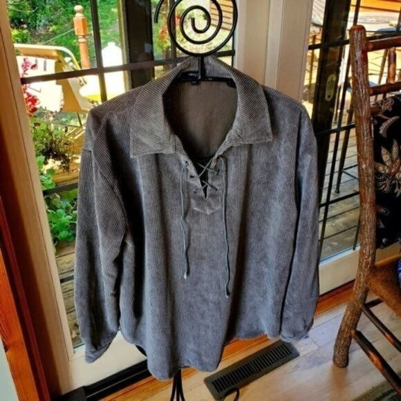 Very J Deep Green Corduroy LS Tied Vneck Sz. L Tunic - Picture 1 of 7